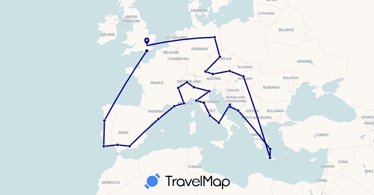 TravelMap itinerary: driving in Austria, Switzerland, Czech Republic, Germany, Spain, France, United Kingdom, Greece, Croatia, Hungary, Italy, Portugal (Europe)